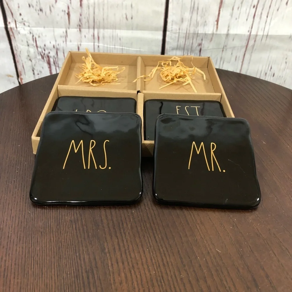 RAE DUNN Set of 4 Black Gold Lettered Coasters - 
